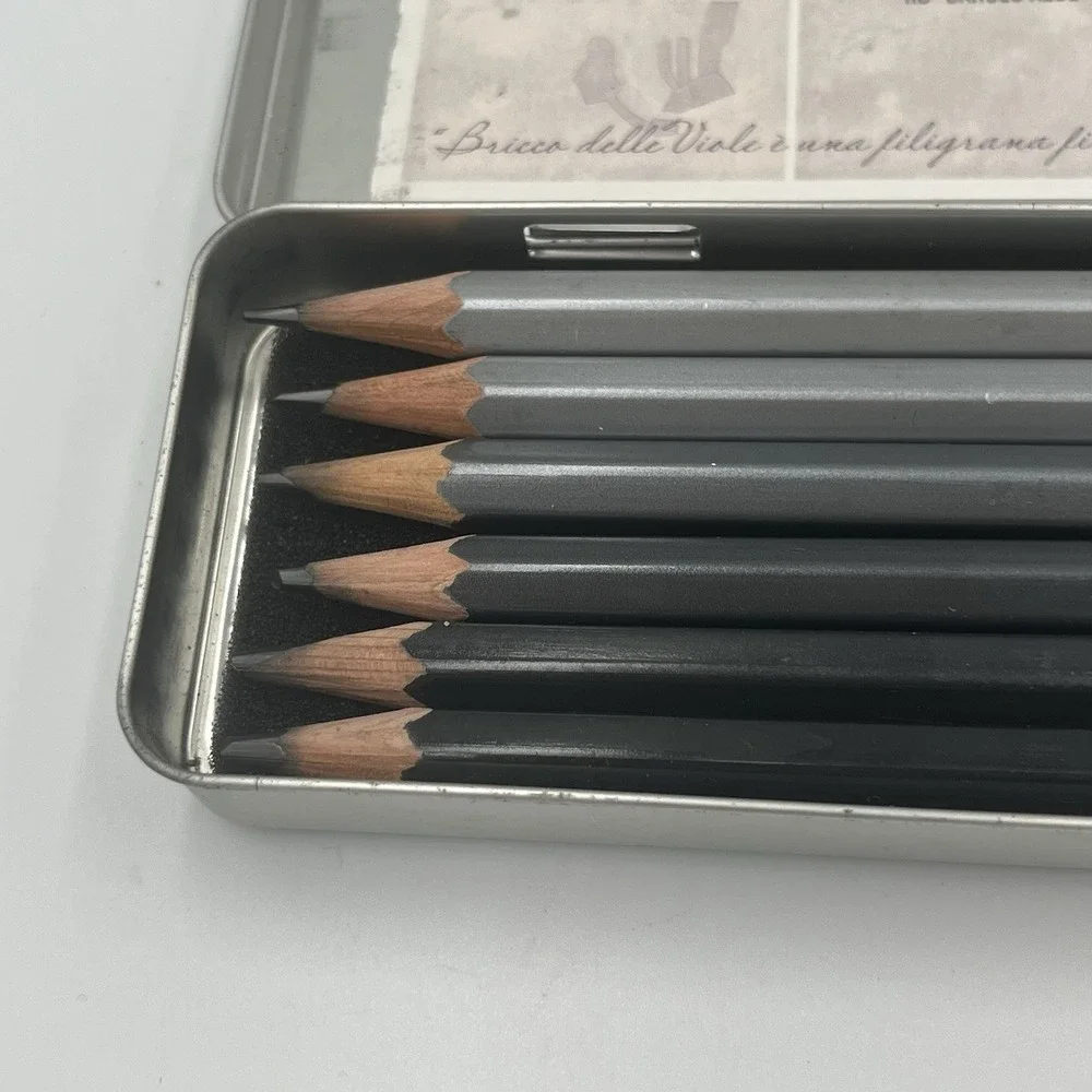 Caran D'ache Metal Box  New Grafwood Drawing Pencils Set of 6 -2H HB 3B 5B 7B 9B